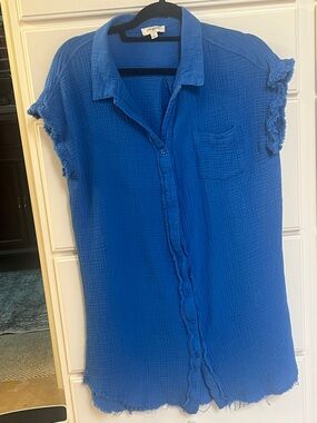 Umgee Royal Blue Gauze Button-Front Short Sleeve Tunic